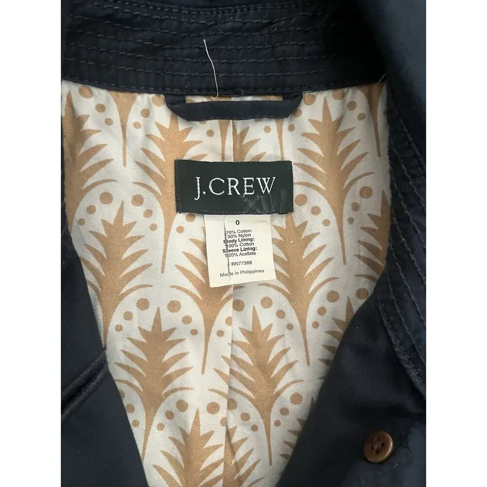 J.Crew Womens 0 Trench Jacket Navy Button Front Cotton Blend Utility Coat